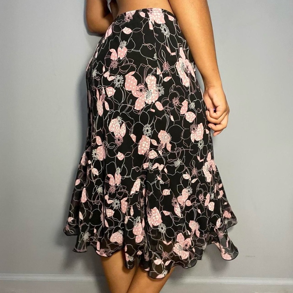 black and pink floral midi skirt